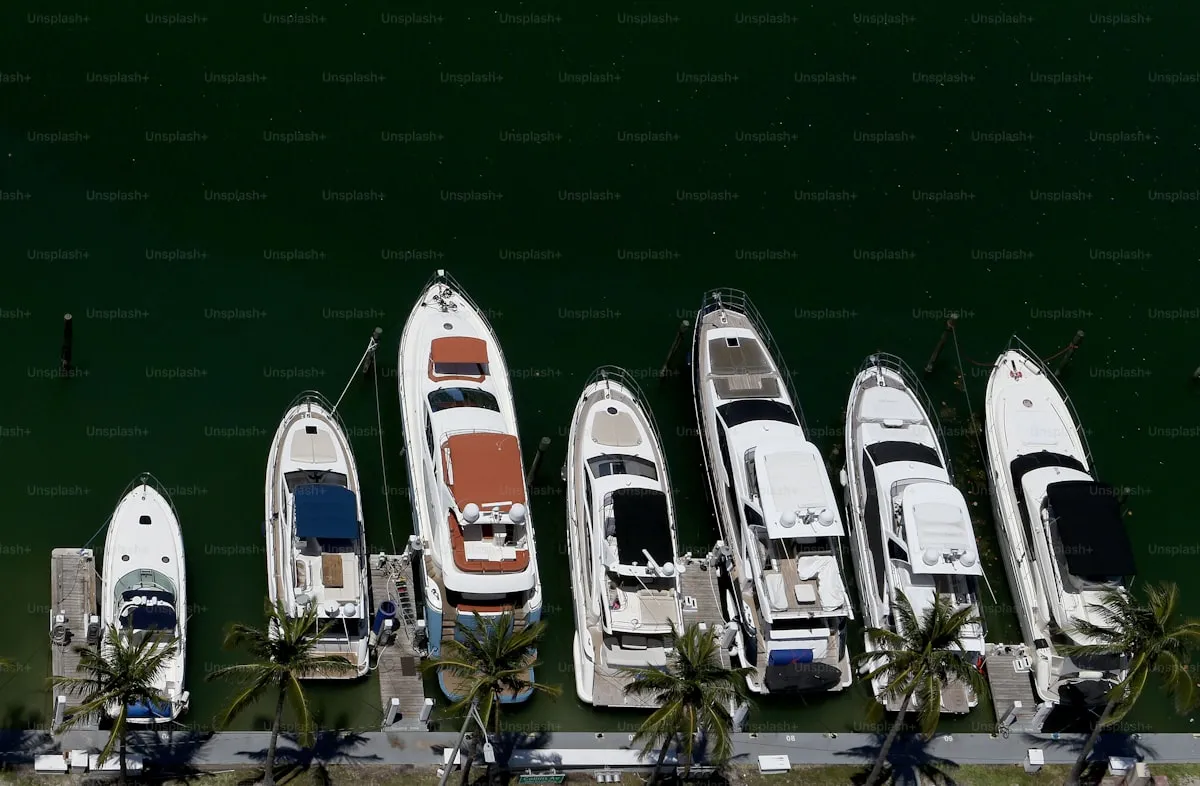 Various yachts and boats lined up in a marina